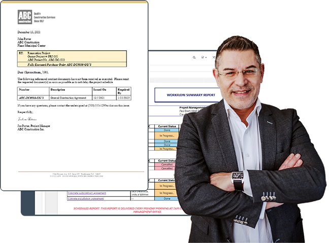 GC man with contract and report behind him